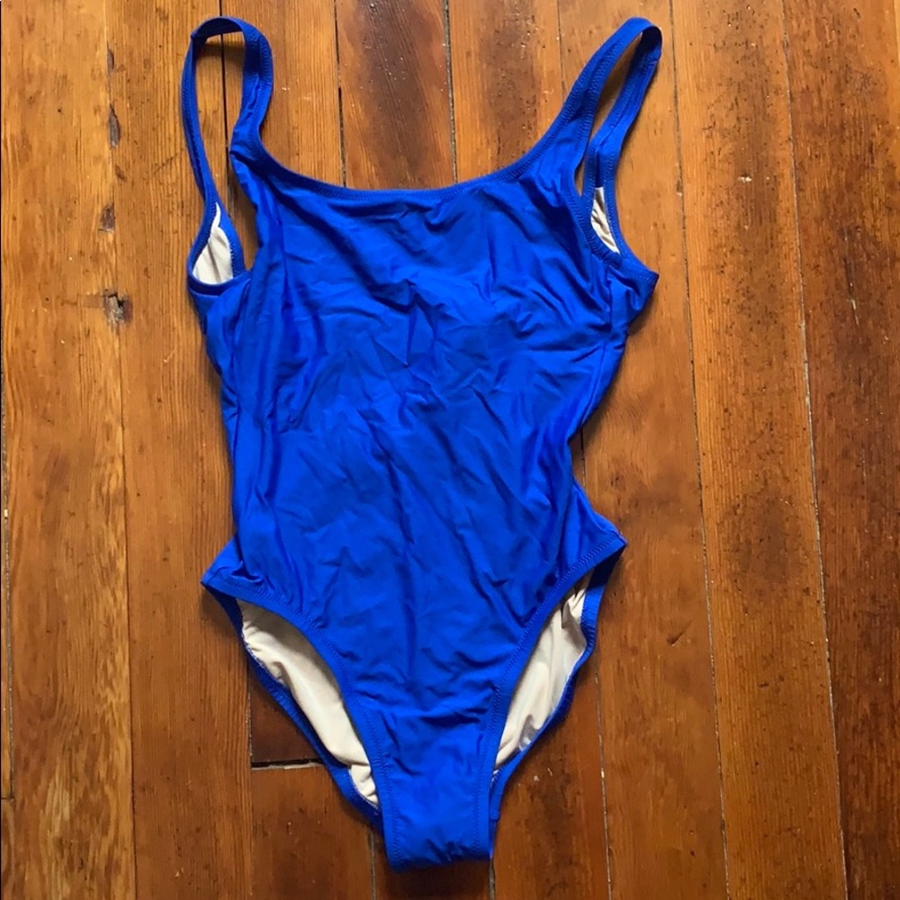 J Crew 1989 scoopback one-piece, blue, size 4